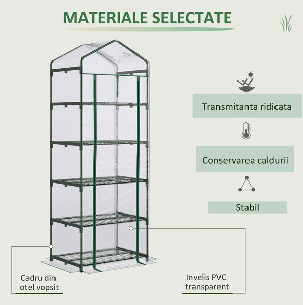 Mini Sera de Gradina si Terasa cu 5 Etajere pentru Plante Gradina de Legume, fructe, ierburi din Otel si PVC, 69x49x193cm Outsunny | Aosom Romania