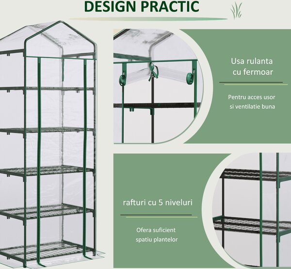 Mini Sera de Gradina si Terasa cu 5 Etajere pentru Plante Gradina de Legume, fructe, ierburi din Otel si PVC, 69x49x193cm Outsunny | Aosom Romania