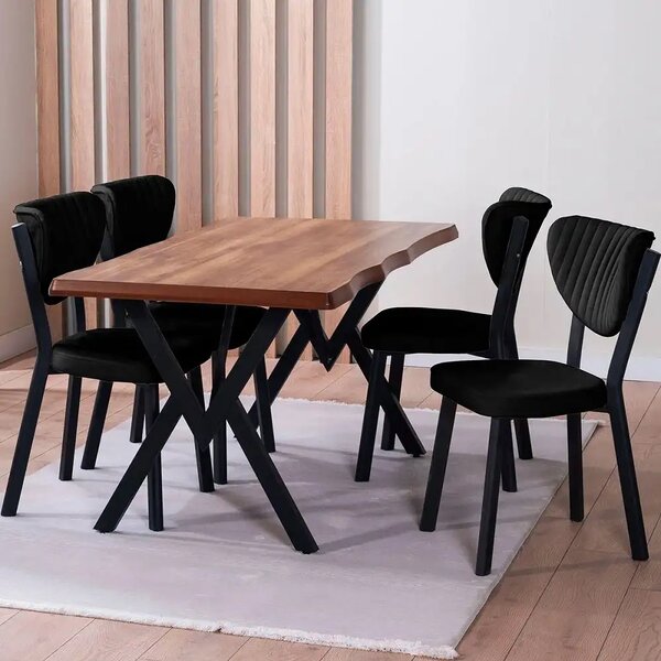 Set Masa Barton din MDF cu 4 Scaune din metal, culaore negru, 140 cm