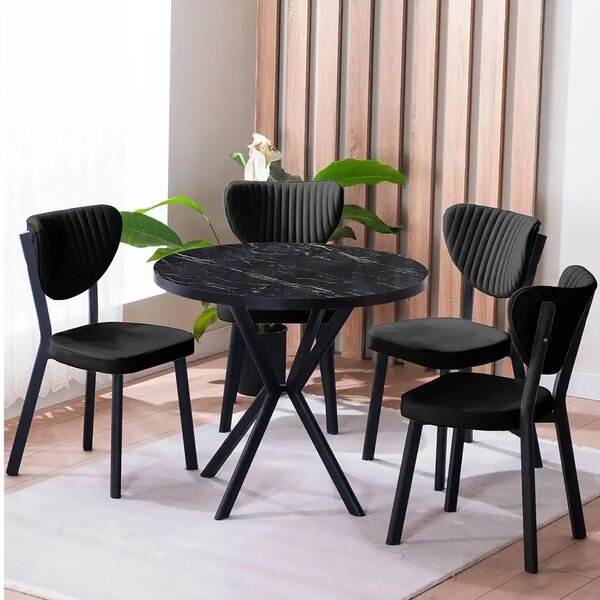 Set Masa Barton din MDF cu 4 Scaune din metal, culaore negru, 140 cm