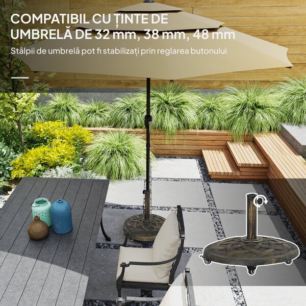 Outsunny Bază Rotundă pentru Umbrelă cu Roți, Bază Ponderată de 20 kg din Rășină, Suport pentru Umbrele de 3,3 cm/3,8 cm/4,8 cm pentru Exterior, Grădină, Piscină, Bronz | Aosom Romania