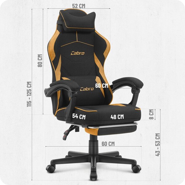 CABRO C502 scaun de gaming din țesătură cu suport pentru picioare, până la 150 kg, negru și portocaliu
