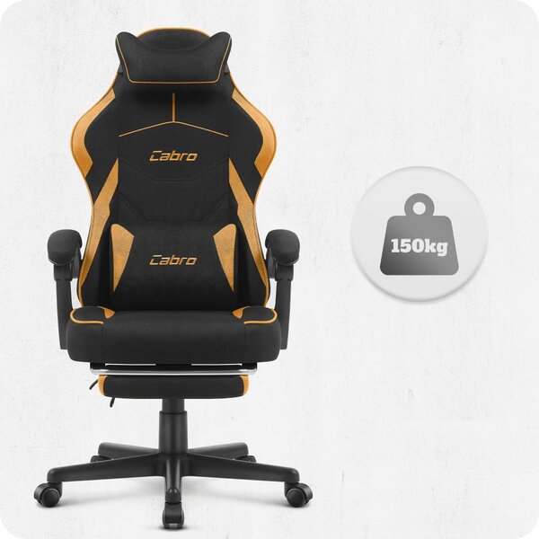 CABRO C502 scaun de gaming din țesătură cu suport pentru picioare, până la 150 kg, negru și portocaliu