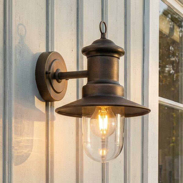 Lindby Aplică de perete Eloretta, alamă antică, oțel, IP44, E27, reglabil, Auriu / Alamă, Metal, Casă de țară / Rustic, Felinar