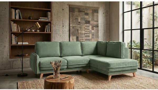 Colțar verde deschis extensibil cu tapițerie din catifea reiată (cu colț pe partea dreaptă) Tori – Bonami Selection