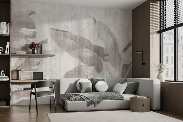 Fototapet Design elegant cu frunze botanice în tonuri neutre, Fototapet natură, Fototapet populare, u00299 - Tapeko.ro