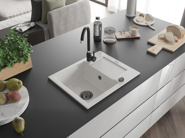 Mexen Enzo, chiuveta granit 576x465x174 mm, 1 camera, alb cu sifon negru, 6506571005-20-B