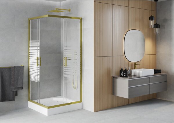 Mexen Rio, duș pătrat cu ușă glisantă 90(uşă) x 90(uşă) x 190 cm, sticlă transparentă 6mm cu benzi, profil auriu + cadă de duș albă RIO, 860-090-090-…