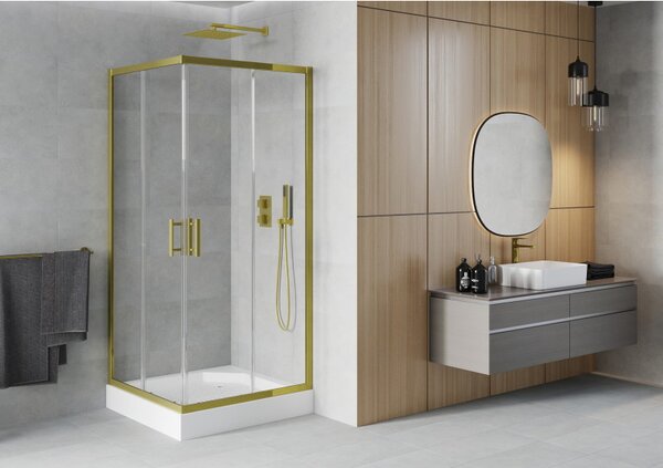 Mexen Rio cabina de duș pătrată 90 x 90 cm, transparentă, aurie + cadă de duș, albă - 860-090-090-50-00-4510