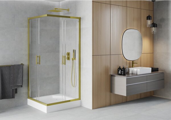 Mexen Rio cabina de duș pătrată 90 x 90 cm, transparentă, aurie + cadă de duș, albă - 860-090-090-50-00-4510