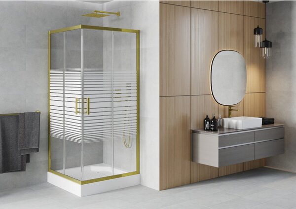 Mexen Rio, duș pătrat cu ușă glisantă 90(uşă) x 90(uşă) x 190 cm, sticlă transparentă 6mm cu benzi, profil auriu + cadă de duș albă RIO, 860-090-090-…