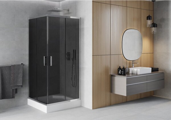 Mexen Rio, cabină de duș pătrată cu ușă glisantă 90 x 90 cm, sticlă gri 6 mm, profil crom + cada Rio înaltă albă, 860-090-090-01-40-4510