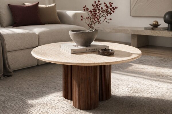 Măsuță de cafea rotundă Massia 80 cm pentru living - travertin / nuc