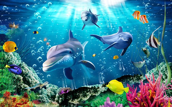 Fototapet Grup de delfini înotând în apă, Fototapet animale, Fototapet populare, u05654 - Tapeko.ro