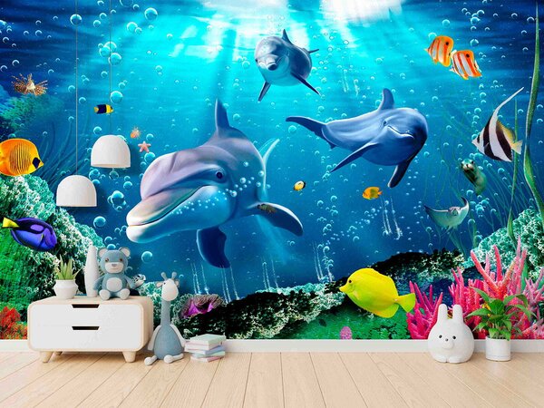 Fototapet Grup de delfini înotând în apă, Fototapet animale, Fototapet populare, u05654 - Tapeko.ro