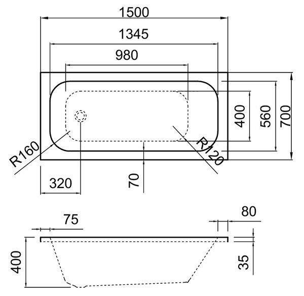 Erga Pureline-O, cadă de baie 1500x700x400 mm fără picioare, alb lucios, ERG-V07-PURELINE-O-150x070-WH
