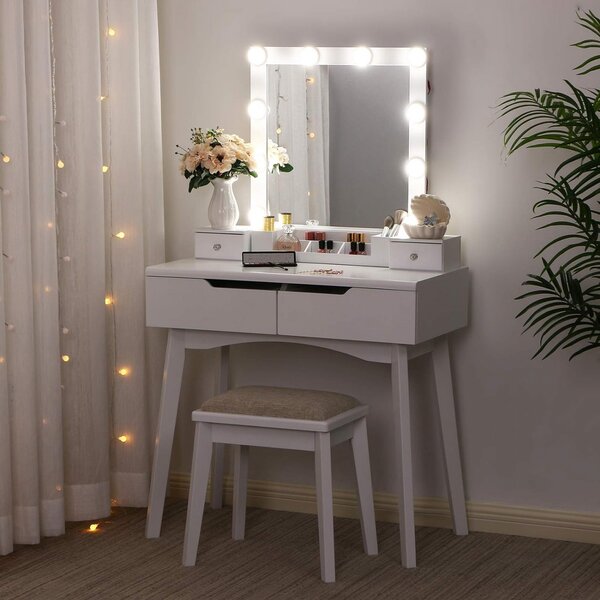 SEA97 - Set Masa toaleta, 80 cm, cosmetica, masuta machiaj, oglinda cu LED, cu scaun tapitat - Alb