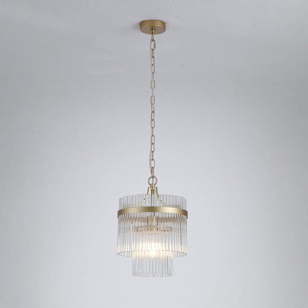 Searchlight Lampă suspendată Lara, Ø 26 cm, auriu/transparent, sticlă/metal, reglabil, Auriu / Alamă, Camera de zi / sufragerie, Sticlă