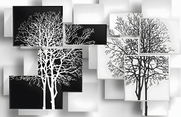 Fototapet Grup de pătrate albe și negre cu copaci pe ele, Fototapet geometric 3D, Fototapet populare, u09369 - Tapeko.ro