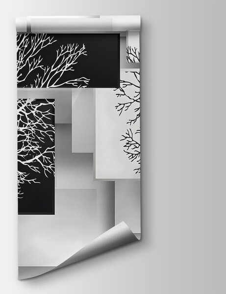 Fototapet Grup de pătrate albe și negre cu copaci pe ele, Fototapet geometric 3D, Fototapet populare, u09369 - Tapeko.ro