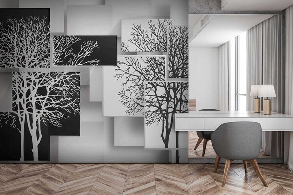 Fototapet Grup de pătrate albe și negre cu copaci pe ele, Fototapet geometric 3D, Fototapet populare, u09369 - Tapeko.ro