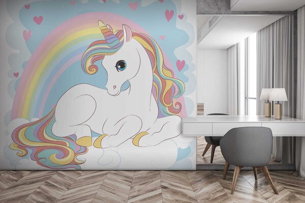 Fototapet Unicorn stând pe un nor cu curcubeu și inimi, Fototapet copii, Fototapet populare, u10971 - Tapeko.ro