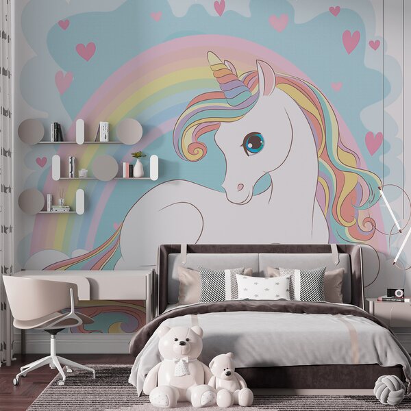 Fototapet Unicorn stând pe un nor cu curcubeu și inimi, Fototapet copii, Fototapet populare, u10971 - Tapeko.ro