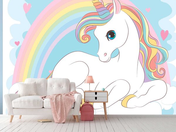 Fototapet Unicorn stând pe un nor cu curcubeu și inimi, Fototapet copii, Fototapet populare, u10971 - Tapeko.ro