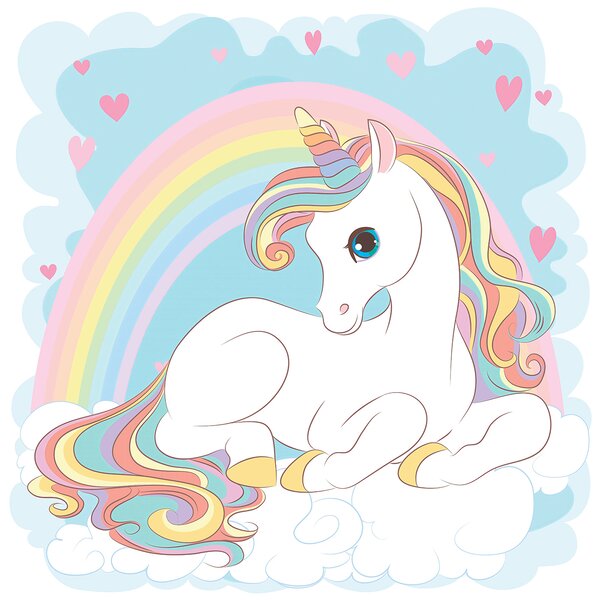 Fototapet Unicorn stând pe un nor cu curcubeu și inimi, Fototapet copii, Fototapet populare, u10971 - Tapeko.ro