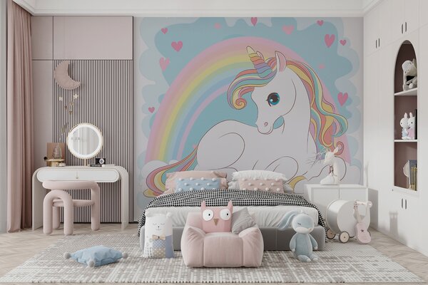 Fototapet Unicorn stând pe un nor cu curcubeu și inimi, Fototapet copii, Fototapet populare, u10971 - Tapeko.ro