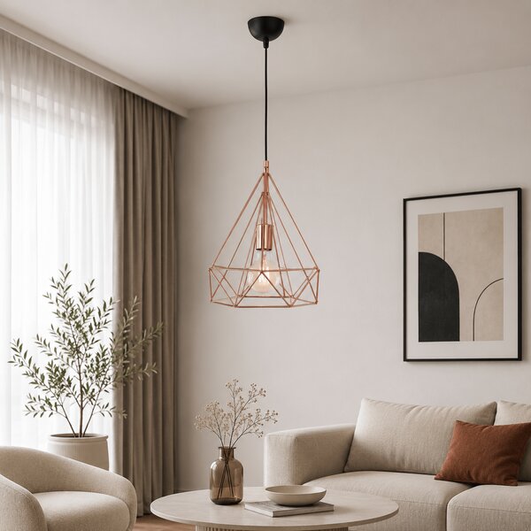 Pendul Piramit Modern Negru Cupru 32x90cm Metal Sticla Corp Iluminat Interior Industrial E27 Design Geometric Elegant Pentru Living Dormitor