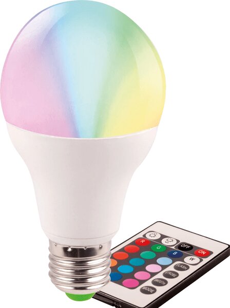 Bec LED RGB EVO17 A60 5W E27 cu Telecomanda, Reglabil Intensitate, 109mm x 60mm, Ideal Iluminat Ambiental Decorativ si Flexibil pentru Casa