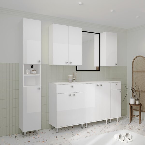 Corp haaus Zaria, 1 Sertar, 2 Usi, Alb lucios/Alb, MDF, L 60 x l 35 x H 85 cm