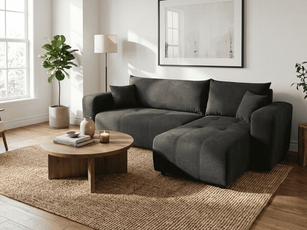 Canapea colt extensibila SORELA negru, cu colt bilateral + 2 perne CADOU