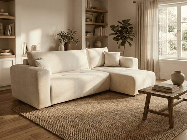 Canapea colt extensibila SORELA crem, cu colt bilateral + 2 perne CADOU