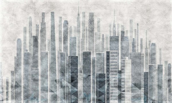 Fototapet Linia orizontului orașului cu multe clădiri înalte, Fototapet geometric 3D, Fototapet populare, u15524 - Tapeko.ro
