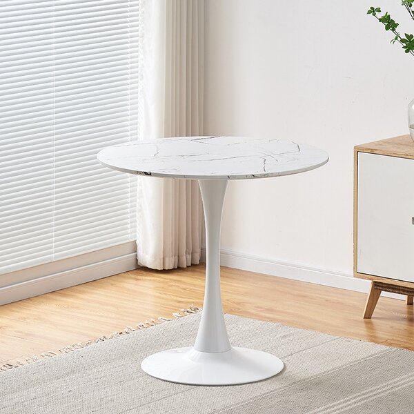 Masa 2HOME stil Tulip rotunda, Marble Alb, picior fix, 80*70cm