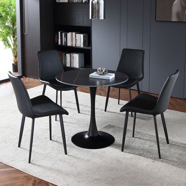 Masa 2HOME stil Tulip rotunda, Marble Negru, picior fix, 60*70cm
