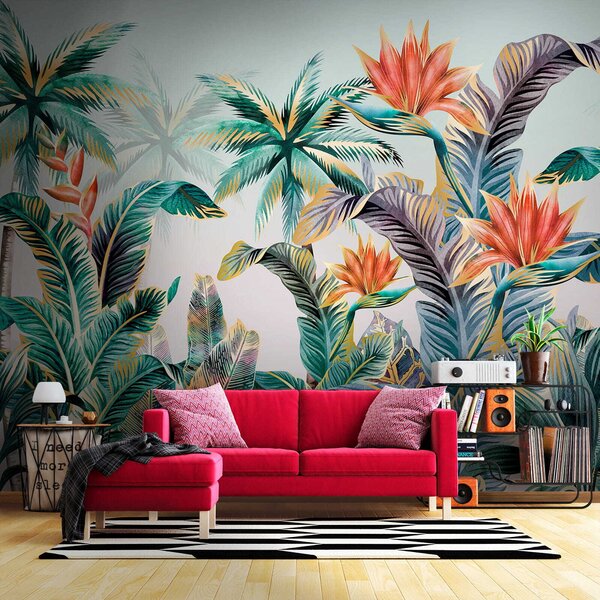 Fototapet Plante și flori tropicale colorate, Fototapet acuarelă, Fototapet populare, u18145 - Tapeko.ro