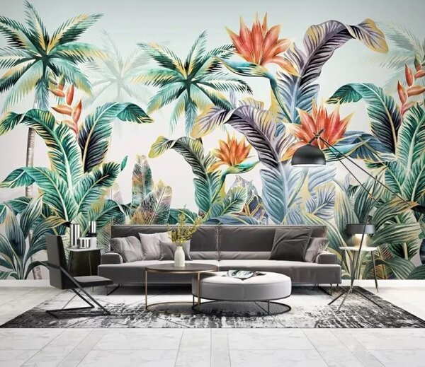 Fototapet Plante și flori tropicale colorate, Fototapet acuarelă, Fototapet populare, u18145 - Tapeko.ro