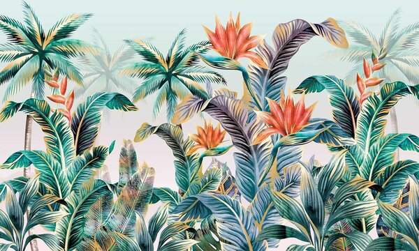Fototapet Plante și flori tropicale colorate, Fototapet acuarelă, Fototapet populare, u18145 - Tapeko.ro