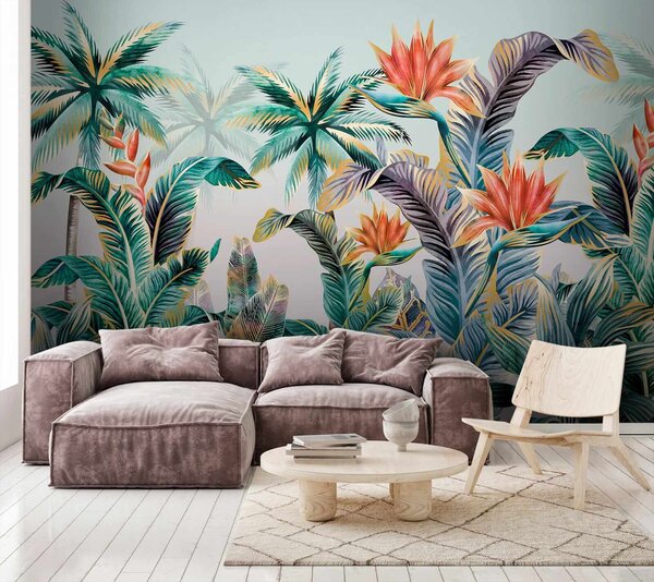 Fototapet Plante și flori tropicale colorate, Fototapet acuarelă, Fototapet populare, u18145 - Tapeko.ro