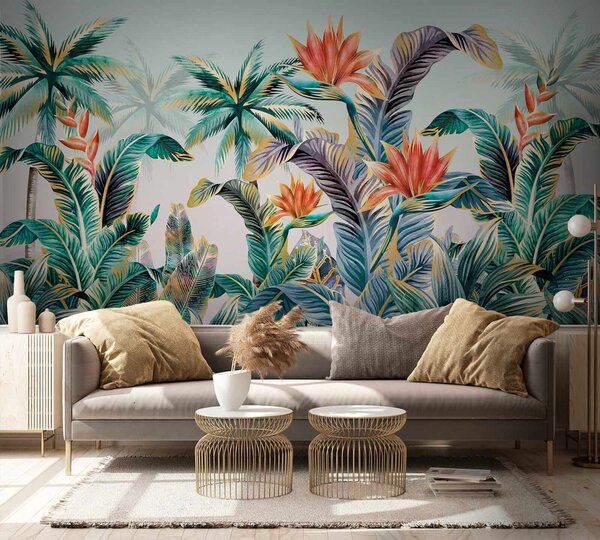 Fototapet Plante și flori tropicale colorate, Fototapet acuarelă, Fototapet populare, u18145 - Tapeko.ro