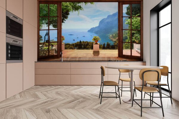 Fototapet Vedere la ocean de pe balcon, Fototapet ferestre, Fototapet populare, u18229 - Tapeko.ro