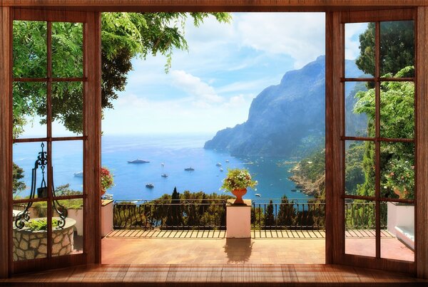 Fototapet Vedere la ocean de pe balcon, Fototapet ferestre, Fototapet populare, u18229 - Tapeko.ro