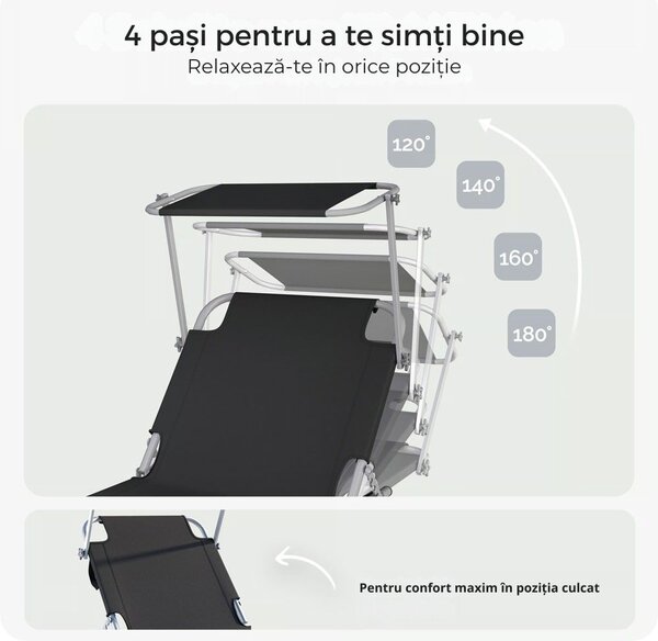 Șezlong de grădină HAWAII cu copertină reglabilă, 195x60x30cm, negru Casaria