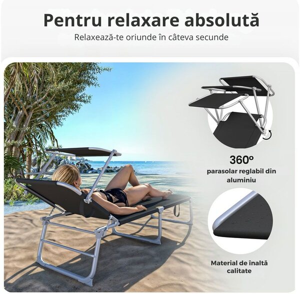 Șezlong de grădină HAWAII cu copertină reglabilă, 195x60x30cm, negru Casaria
