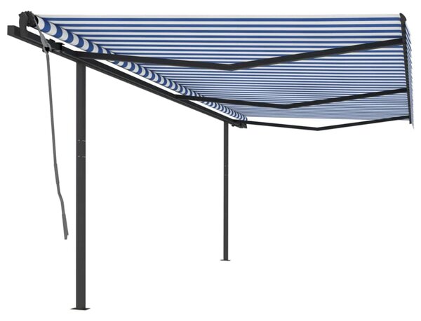Copertină retractabilă manual cu stâlpi, albastru & alb, 6x3 m