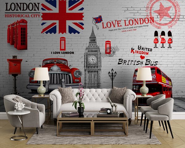Fototapet Iubesc Londra: obiective turistice și simboluri emblematice, Fototapet skyline, Fototapet populare, u20769 - Tapeko.ro