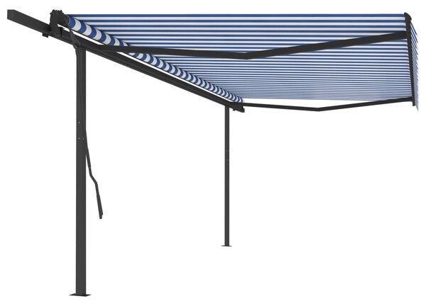 Copertină retractabilă manual cu stâlpi, albastru & alb 5x3,5 m